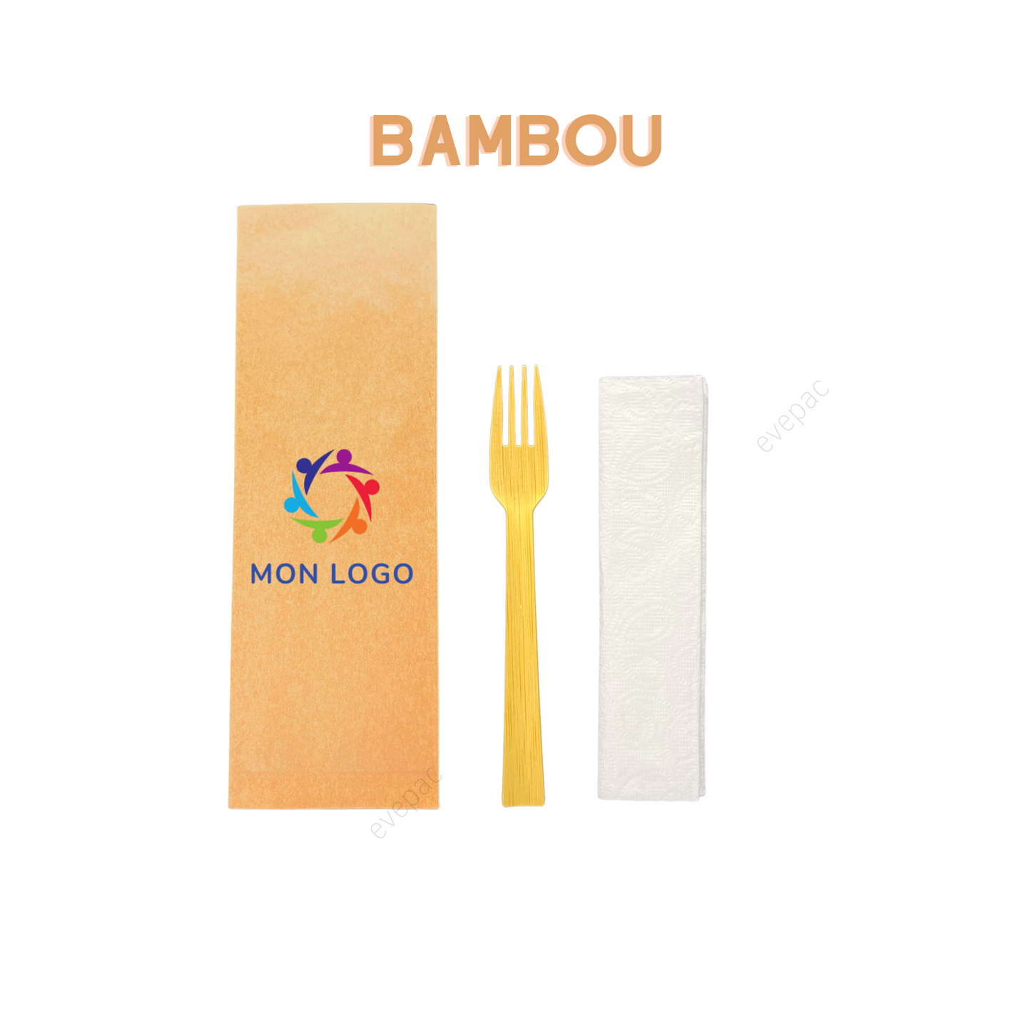 Kit couverts bambou personnalisé (Fourchette, Serviette en papier)
