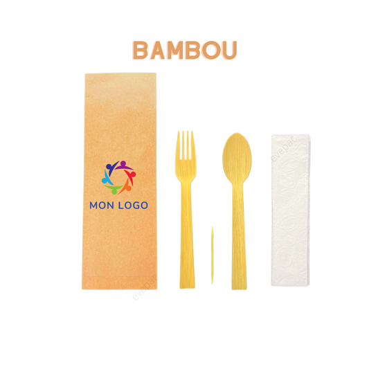 Kit couverts bambou personnalisé (Cuillère, Fourchette, Cure-dents, serviette en papier)