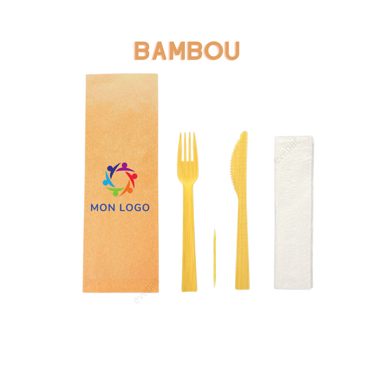 Kit couverts bambou personnalisé (Couteau, Fourchette, Cure-dents, serviette en papier)